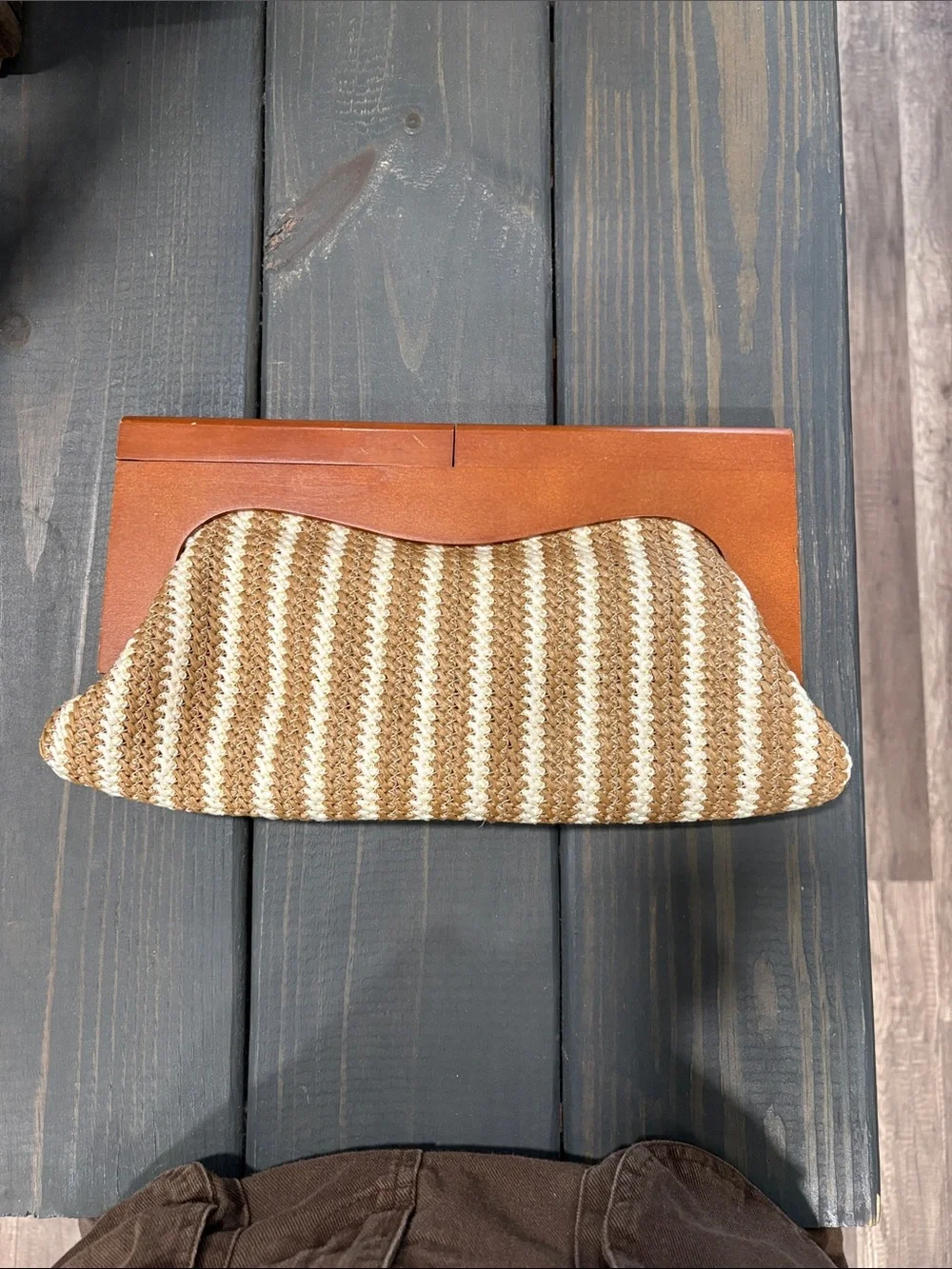 Striped Woven Straw Clutch with Tan Leather Trim
